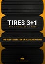 Tires car advertisement poster. Black rubber tire on the background with wheel tire tracks.