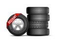 Tires discount. Isolated realistic rubber car wheels. Auto service and repair. Tire with sale ribbon vector illustration