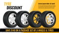 Tires discount. Realistic black rubber tyre with shining disk advertisement flyer, banner, car tire promo poster retail