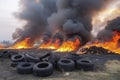 Tires are on fire. Burning old tires on recycling landfill. Black smoke from tires fire