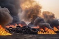 Tires are on fire. Burning old tires on recycling landfill. Black smoke from tires fire