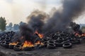 Tires are on fire. Burning old tires on recycling landfill. Black smoke from tires fire