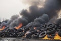 Tires are on fire. Burning old tires on recycling landfill. Black smoke from tires fire