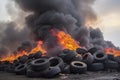 Tires are on fire. Burning old tires on recycling landfill. Black smoke from tires fire