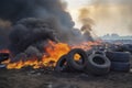 Tires are on fire. Burning old tires on recycling landfill. Black smoke from tires fire