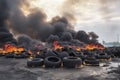 Tires are on fire. Burning old tires on recycling landfill. Black smoke from tires fire