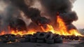 Tires are on fire. Burning old tires on recycling landfill. Black smoke from tires fire. Generative AI.