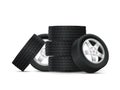 Tires heap. Complete set car tires with alloy rims, bunch new stacked auto wheels, automobile industry, realistic