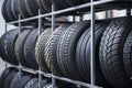 Tires with various tread patterns neatly arranged on racks