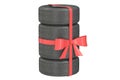 Tires wrapped ribbon and bow, 3D rendering