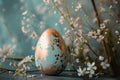 Tirquise blue Easter egg with copper splatters, surrounded by delicate white flowers, presents unique blend of rustic Royalty Free Stock Photo