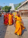 Tiruvanamalai, India - December 20, 2018: Indian women visiting the temple in Tiruvanamalai India