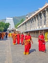 Tiruvanamalai, India - December 20, 2018: Indian women visiting the temple in Tiruvanamalai India