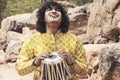 Musician Praveen Narayan playing on his tabla music instrument Royalty Free Stock Photo