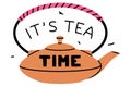 Tis Tea Time Inscription with Kettle and Aromatic Tea Brewing Vector Template