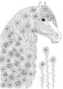 Hand drawn horse head with flowers, coloring page