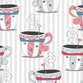 Seamless pattern with pastel doodle cartoon mugs. Vector hand drawn flat style illustration