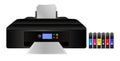 Vector illustration of home digital inkjet printer with cmyk and other inks for gamut extension Royalty Free Stock Photo