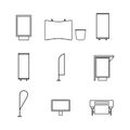 Set of advertising, promo and printing vector line or outline black icons isolated on a white background Royalty Free Stock Photo