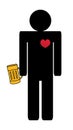 Vector illustration of a man with mug or pint of beer and with red heart. Love beer concept isolated on a white background.