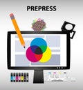 Vector illustration of prepress or graphic design concept. Computer lcd monitor with elements of graphic arts, printing and design Royalty Free Stock Photo