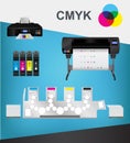 CMYK concept Ã¢â¬â printing or graphic arts icons for a printing plant, printing house, or graphic studio with printing machines Royalty Free Stock Photo