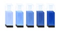 Vector illustration of five quartz glass cuvettes with different concentration of a blue substance solution from light to dark.