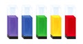 Five quartz glass cuvettes with different colors of substance solution. Purple, blue, green, yellow, red cuvette.