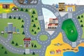 Cartoon illustration of children carpet or rug for play with cars. Childlike city landscape with roads and buildings for kids. Royalty Free Stock Photo