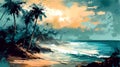 Illustration of Palm Trees Silhouettes On Tropical Beach At Sunset - painting Royalty Free Stock Photo