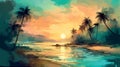 Illustration of Palm Trees Silhouettes On Tropical Beach At Sunset - painting Royalty Free Stock Photo