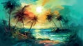 Illustration of Palm Trees Silhouettes On Tropical Beach At Sunset - painting Royalty Free Stock Photo