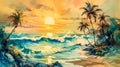 Illustration of Palm Trees Silhouettes On Tropical Beach At Sunset - painting Royalty Free Stock Photo