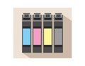 Vector flat simple icon of cmyk ink cartridges which consist of cyan, magenta, yellow and black in a pastel design isolated.