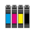 Vector simple flat illustration of cmyk ink cartridges which consist of cyan, magenta, yellow and black isolated.