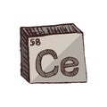Three-dimensional hand drawn chemical gray symbol of cerium from the lanthanide series Ce from the periodic table.