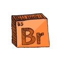 Vector three-dimensional hand drawn chemical orange symbol of bromine with an abbreviation Br from the periodic table