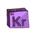 Vector three-dimensional hand drawn chemical purple symbol of noble gas krypton with an abbreviation Kr from the periodic table