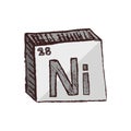 Vector three-dimensional hand drawn chemical silver gray symbol of nickel with an abbreviation Ni from the periodic table