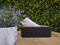 Tissue boxes and flower artificial on the table with leaves in the background Royalty Free Stock Photo