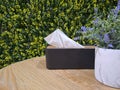 Tissue boxes and flower artificial on the table with leaves in the background Royalty Free Stock Photo
