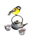 Tit bird and asian tea ceremony ware.