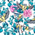Tit bird on branch with blue leaves and pink peony seamless pattern. Repeat ornament blossom rose and fly birds. Print Royalty Free Stock Photo