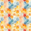 AI rendered seamless repeat pattern of honeycomb design in colourful watercolour