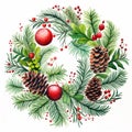 Ai rendered round Christmas decoration. Wreath with pine cones and needlrs