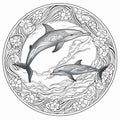 AI rendered round b+w design with dolphins