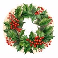 Ai rendered round wreath illustration with holly. Christmas.