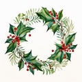 Ai rendered round wreath Christmas illustration with holly. Green and red