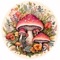 Ai rendered round design of mushrooms in a forest