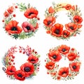 4 AI rendered round wild red poppies wreaths. Illustrations.